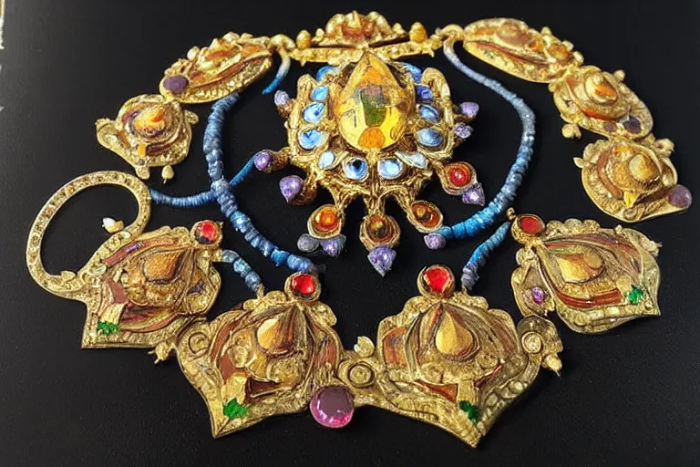 Image similar to highly detailed oil painting, front view, very realistic gemstones, art nouveau, ornate, delicate, brilliant precious gemstones necklace, necklace on display, dramatic light,