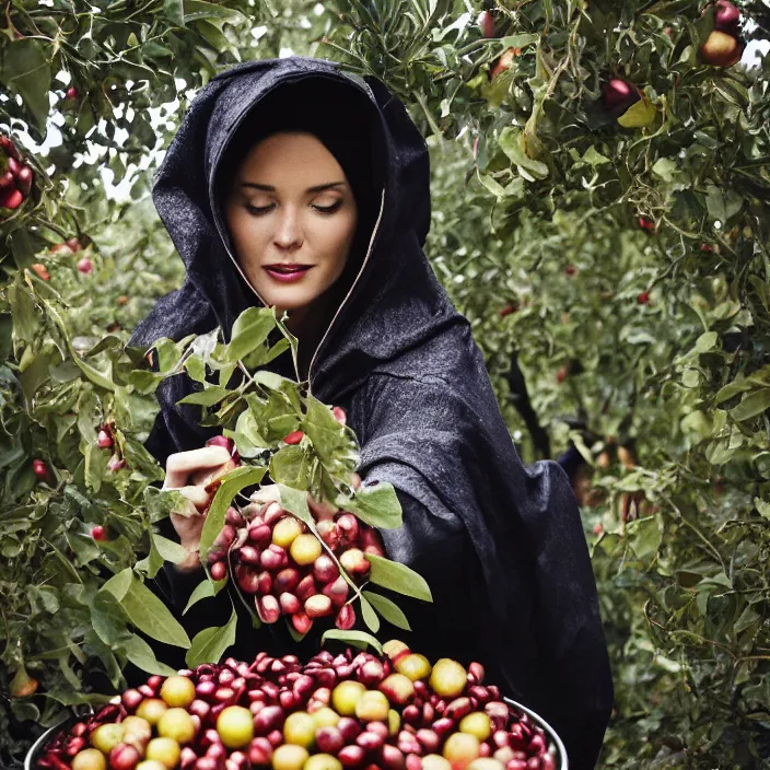 Prompt: a closeup portrait of a woman wearing a hooded cloak made of holographic mylar, picking pomegranates from a tree in an orchard, foggy, moody, photograph, by vincent desiderio, canon eos c 3 0 0, ƒ 1. 8, 3 5 mm, 8 k, medium - format print