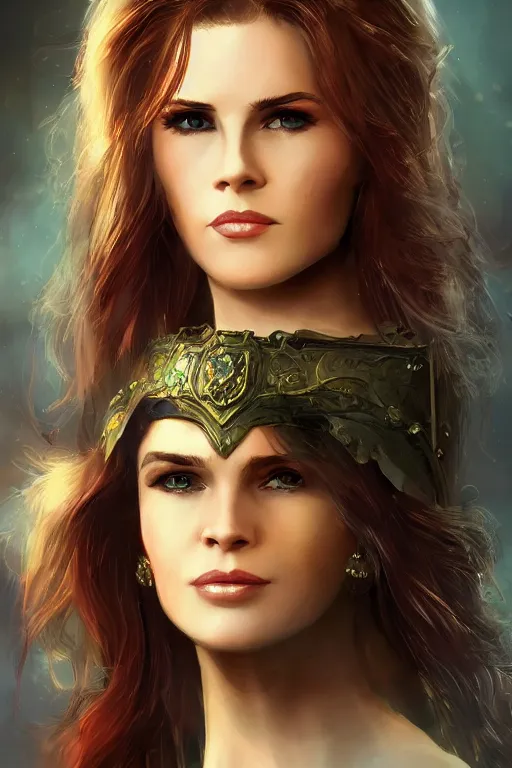 Image similar to mix of beautiful young maria shriver, mariel hemmingway, brooke shields, nicole kidman and elle macpherson as a young amazon warrior, thin lips, hair tied up in a pony tail, dark blonde hair, colorful, artstation, cgsociety