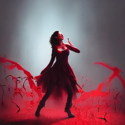 Prompt: Female vampire dancing in a rain of blood, matte painting by Artgerm, dramatic lighting