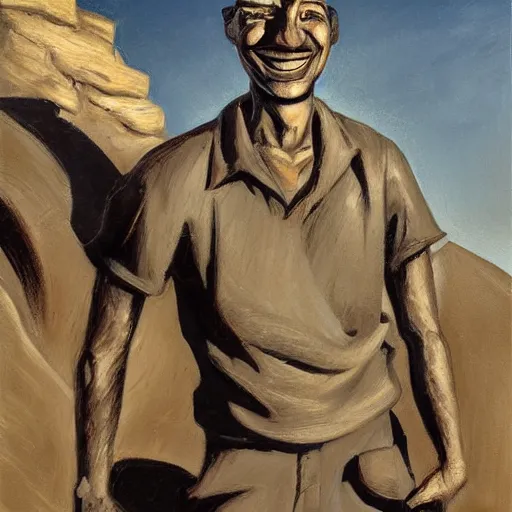 Prompt: A beautiful kinetic sculpture. Even in the darkness, his smile threw shadows. in the desert by Candido Portinari, by Fabian Perez somber, spontaneous