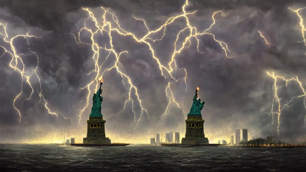 Image similar to cthulhu destroying statue of liberty, lightning, storms, volumetric lightning by eugene von guerard, ivan shishkin, dramatic lighting, concept art, trending on artstation, 8 k