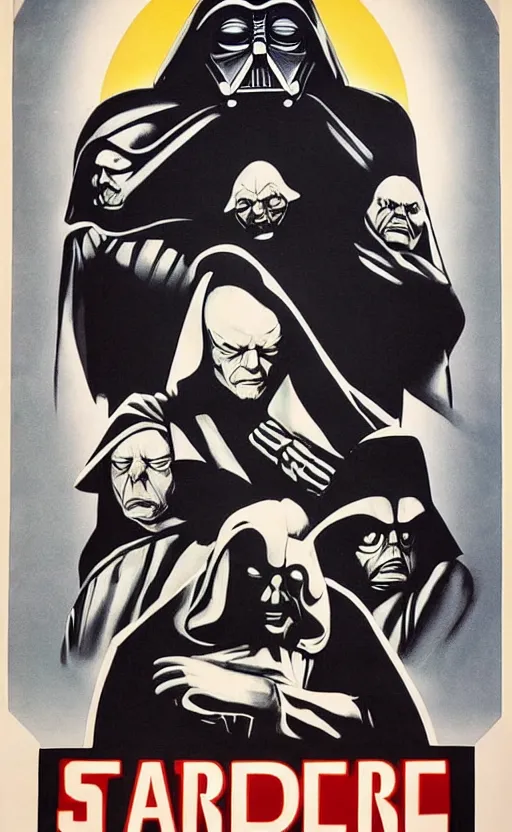 Image similar to a propaganda poster for the galactic empire in star wars, featuring the emperor palpatine, sidious, as a shadow