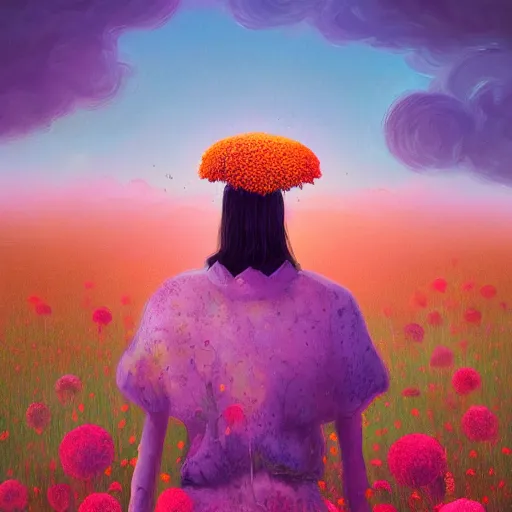 Image similar to girl with a gargantuan flower as a face, surreal photography, dream, standing in flower field, hills, big trees, sunrise dramatic light, impressionist painting, colorful clouds, digital painting, pointillism, artstation, simon stalenhag, flower face