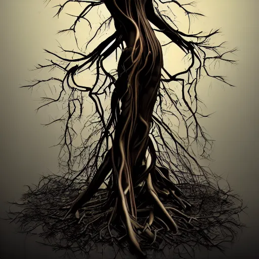 Image similar to digital art, Abstract art, humain female body made of roots, intricate roots, trending on artstation, -640