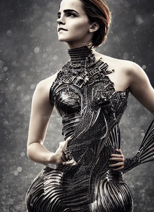 Prompt: expressive full body photo of emma watson, dress made of steel blades, glamour shot, by karol bak, stefan gesell, photorealistic, nikon d 4 x, fashion photography, hyper maximalist, elegant, ornate, luxury, elite, environmental portrait, symmetrical features, octane render, unreal engine, solid dark grey background, dramatic lights