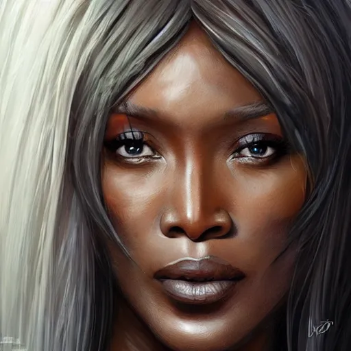 Image similar to beautiful, very strong, naomi campbell, middle aged, face, no makeup, no tattoos, warrior, battle hardened, head shot, fantasy, highly detailed, digital painting, artstation, concept art, smooth, sharp focus, illustration, art by jodie muir and brom