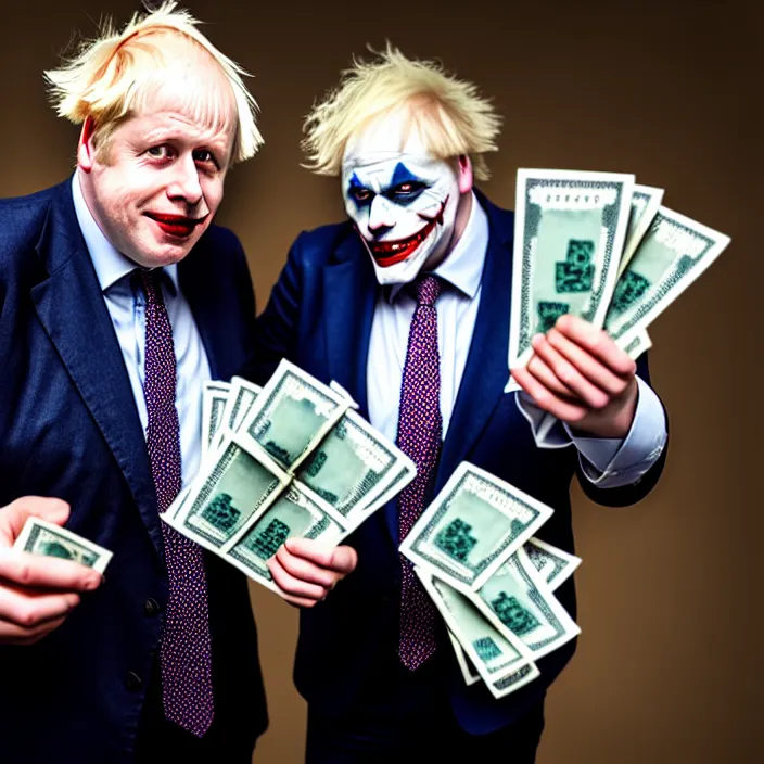 Prompt: photo of boris johnson dressed like satan and the joker holding bundles of cash, highly detailed, 4 k, hdr, smooth, sharp focus, high resolution, award - winning photo