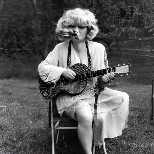 Image similar to pug with a big blonde wig playing delta blues, photograph