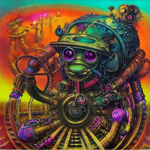 Image similar to steampunk rat, acid, 303, psychedelic, by paul lehr, cd cover