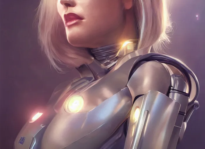 Image similar to Ultra realistic full shot of a cyborg Marilyn Monro,cyberpunk,sci-fi, fantasy,Kodak , colour led, soft light, volumetric lighting ,night, intricate, elegant, highly detailed, digital painting, artstation, concept art, smooth, sharp focus, illustration,art by artgerm and greg rutkowski and alphonse mucha