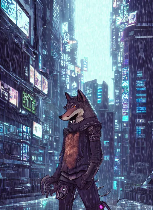 Prompt: character portrait of a male anthro wolf fursona with a tail and a cute beautiful attractive detailed furry face wearing stylish cyberpunk clothes in a cyberpunk city at night while it rains. hidari, color page, tankoban, 4K, tone mapping, Akihiko Yoshida. Nomax, Kenket, Rukis.