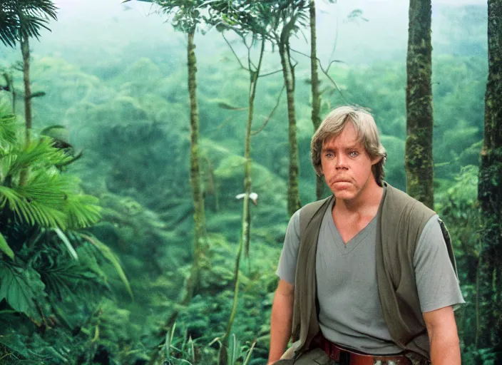 Image similar to luke skywalker at the new jedi temple, surrounded by jungle in the background. detailed portrait photo of faces. Photographed with Leica Summilux-M 24 mm lens, ISO 100, f/8, Portra 400