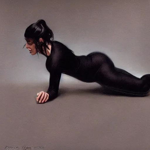 Prompt: athletic woman with black hair, dressed all in black, by donato giancola, alex ross, and berthold woltze.