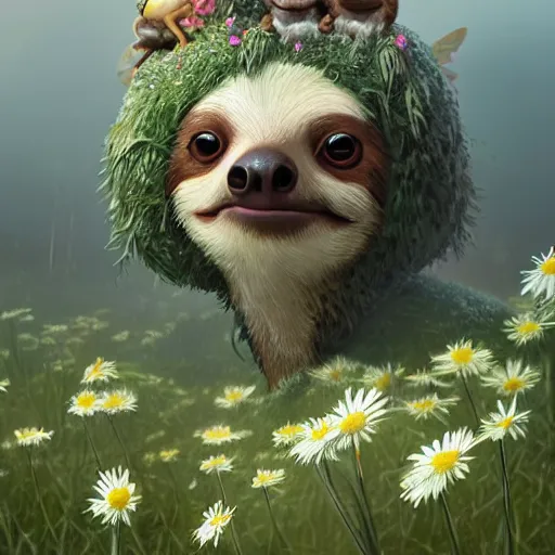 Image similar to a fairy sloth with a crown of daisies ,simon stålenhag, very highly detailed, award winning, rendered by Beeple, by Makoto Shinkai, syd meade, fantasy art concept, digital art, unreal engine, blender, WLOP, trending on artstation, 4K UHD image, octane render, cinematic style