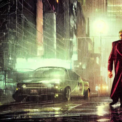 Prompt: frankenstein's monster wearing a trench coat on a wet nighttime street, cyberpunk, synthwave, trending on art station, trending on deviantart, 8 k resolution, epic digital art