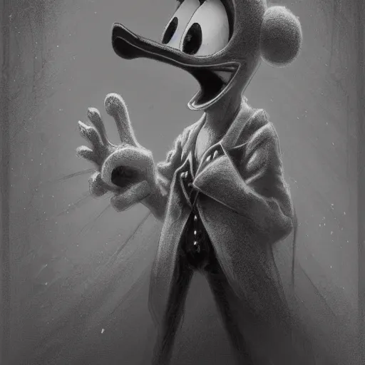 Prompt: michael karcz grunge drawing of donald duck. , in the style of corpse bride, loony toons style, horror themed, detailed, elegant, intricate, trending on artstation, 4k