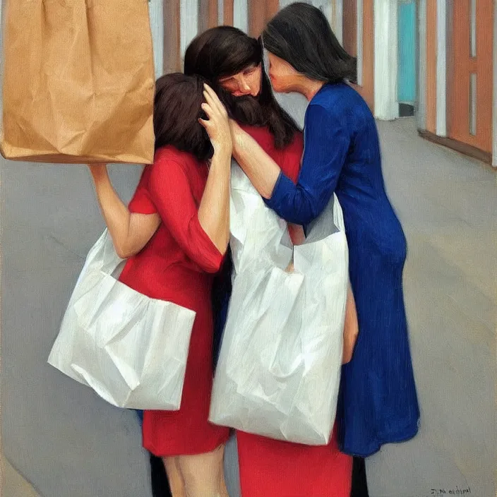 Image similar to two women hugging with a paper bag over the head dressed in plastic bags, highly detailed, artstation, art by, , edward hopper, zdislav beks