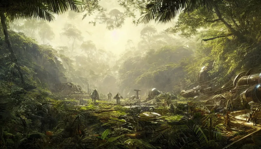 Image similar to a beautiful painting of an archaeological excavation of the battlestar galactica in a lush jungle, ray traced lighting by kalin popov and greg rutkowski