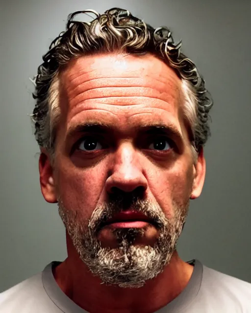 Image similar to prison mugshot of jordan peterson, bright flash, orange prison shirt, low saturation, somber expression, filthy hair, rugged textured face, soft vignette, soft focus, 5 0 mm, 4 k, nypd