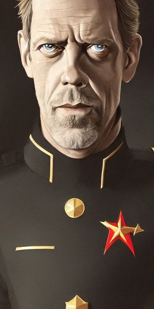 Image similar to portrait of Hugh Laurie wearing his starfleet captains uniform, close face shot, realistic character concept, high fantasy, light atmosphere, golden ratio, cinematic lighting, hyperdetailed, high resolution, insanely detailed and intricate, artstation, Marc Simonetti, Greg Rutkowski