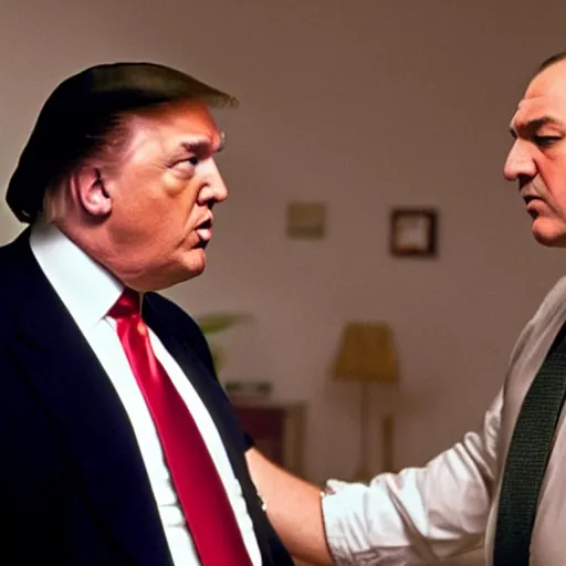 Image similar to tony soprano telling donald trump he is in trouble with the boss. highly detailed movie still