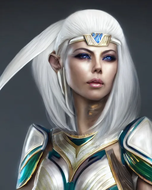 Image similar to perfect white haired attractive egyptian goddess, warframe armor, pharaoh headdress, beautiful, symmetric, dreamy, half asian, pretty face, green eyes, charlize theron, detailed, scifi platform, laboratory, experiment, 4 k, ultra realistic, epic lighting, android body, illuminated, cinematic, masterpiece, art by akihito tsukushi, voidstar