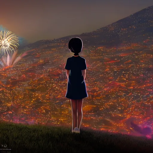 Image similar to girl watching watching fireworks on a hill, digital art, by ben weiner, richard estes, range murata, akiyuki shinbou, yoshitaka amano highly detailed, realistic, cinematic, bold colours, photorealism, 4 k, wide angle lens, trending on artstation