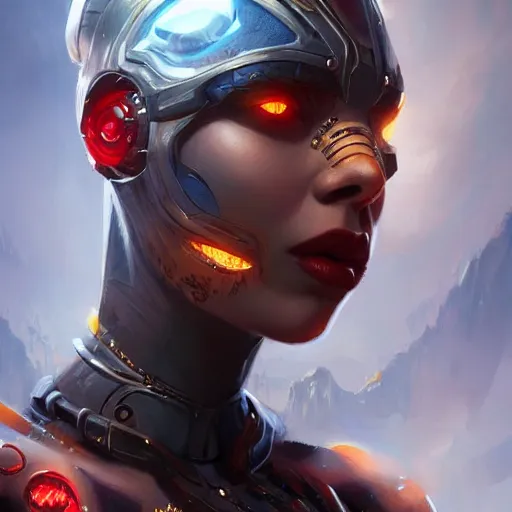 Prompt: cyborg queen, fantasy, portrait, highly detailed, digital painting, trending on artstation, concept art, sharp focus, illustration, art by artgerm and greg rutkowski and magali villeneuv