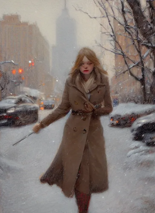 Image similar to emma stone in beige coat, portrait, walking in winter new york, snow, artwork by gaston bussiere, craig mullins, trending on artstation