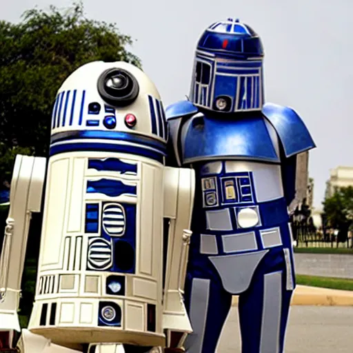 Image similar to portrait of r 2 - d 2 and c 3 p 0 in front of the whitehouse