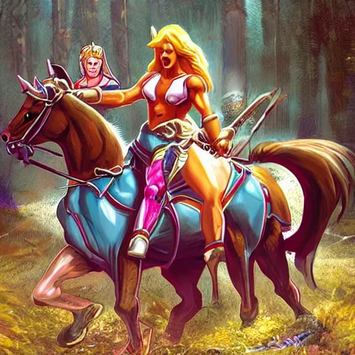 Prompt: He-Man, She-Ra, and Skeletor riding a horse together