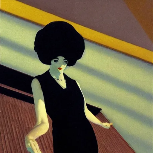 Image similar to a tall and beautiful pale woman with very black hair with a crown on her head walk in the streets of new york circa 1 9 8 4 edward hopper and james gilleard, surreal, open ceiling, highly detailed, airbrush, ilya kuvshinov, wlop, stanley artgerm, very coherent, art by takato yamamoto and james jean