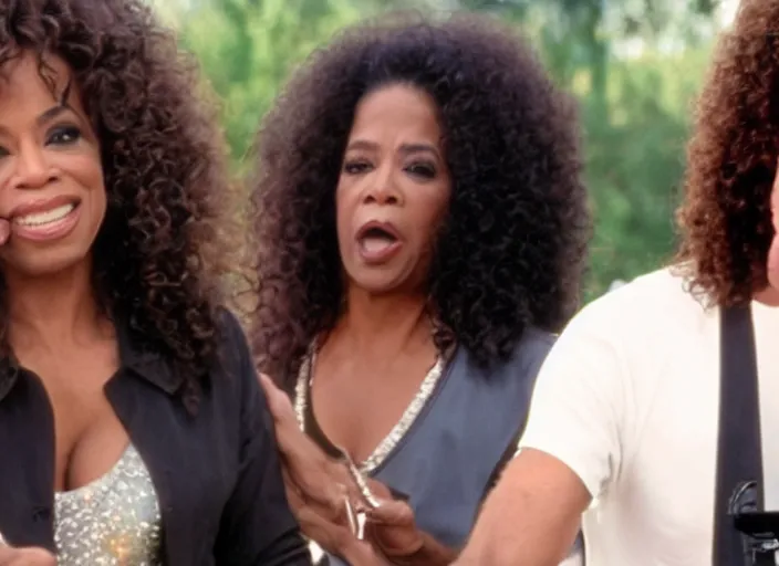 Image similar to film still of Kenny G and Oprah performing in the new Spinaltap movie, 4k