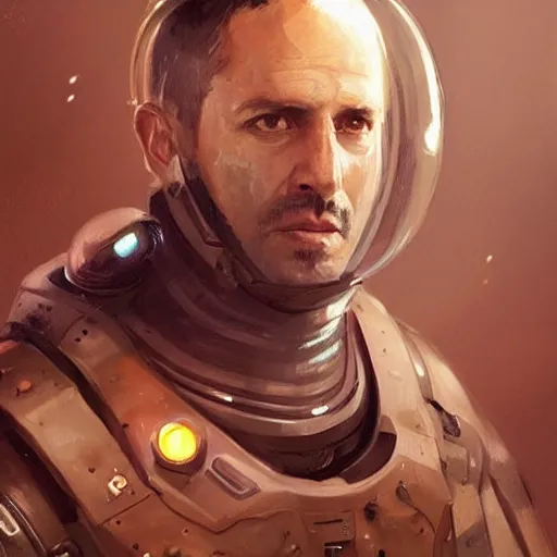 Prompt: Portrait of a man by Greg Rutkowski, he is about 40 years old, copper short hair, his features are a mix between Turkish and Scottish, strong and tall, cool dad vibes, he is wearing a futuristic astronaut suit, highly detailed portrait, digital painting, artstation, concept art, smooth, sharp foccus ilustration, Artstation HQ.