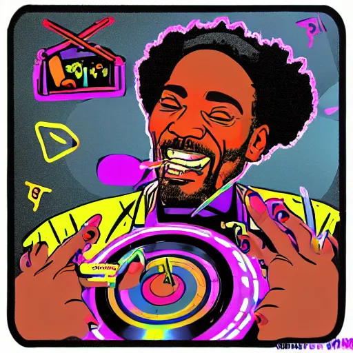 Image similar to svg sticker of a Dancing-Ben-Harper-Snoop-Spike-Lee-with-a-large-Afro-Puff, at a rave, spinning records, giant headphones rocking out, wearing headphones, huge speakers, dancing, rave, DJ, spinning records, digital art, amazing composition, rule-of-thirds, award-winning, trending on artstation, featured on deviantart