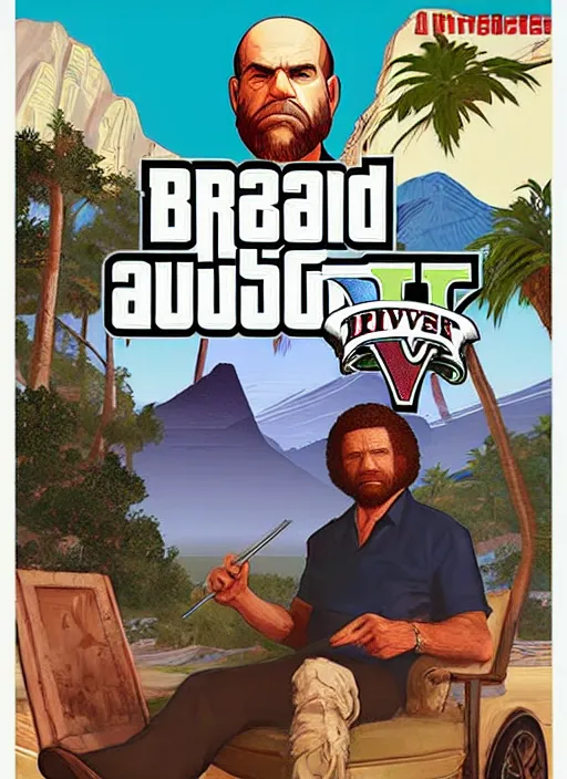 Image similar to bob ross in gta v, cover art by stephen bliss, artstation