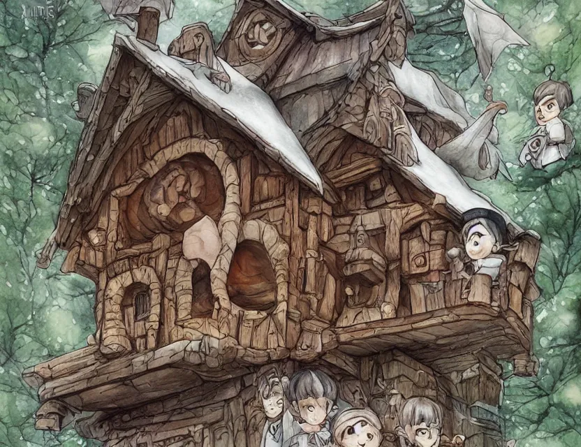 Prompt: cute and funny, a magicians cabin carved into a mountain, centered award winning watercolor pen illustration, edited by range murata, tiny details by artgerm and watercolor girl, sharply focused