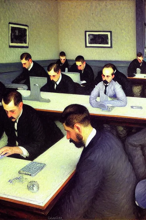 Prompt: oil painting highly detailed computer workers in office painted by gustave caillebotte, impressionism