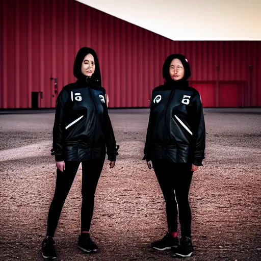 Image similar to photographic portrait of 2 techwear women in front of a brutalist metal building, on a desolate plain, red sky, sigma 8 5 mm f / 1. 4, 4 k, depth of field, high resolution, octane render 4 k, 8 k, hd, full color, trending on artstation