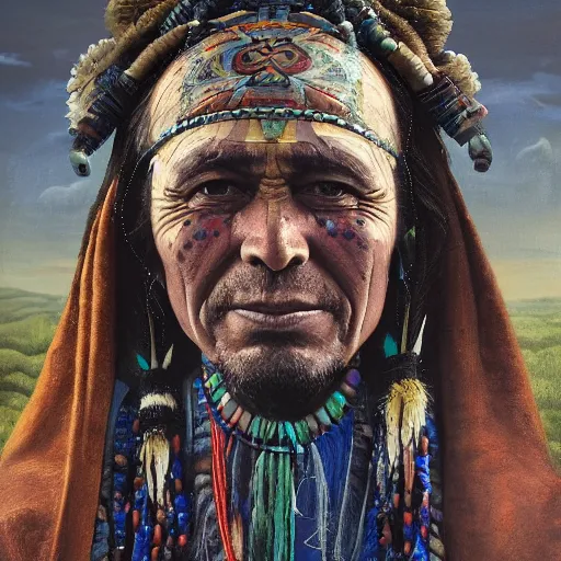 Image similar to painting of a shaman by luis tamani, highly detailed matte painting