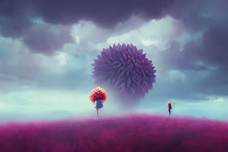 Image similar to closeup giant dahlia flower as head, girl standing on mountain, surreal photography, blue storm clouds, dramatic light, impressionist painting, digital painting, artstation, simon stalenhag