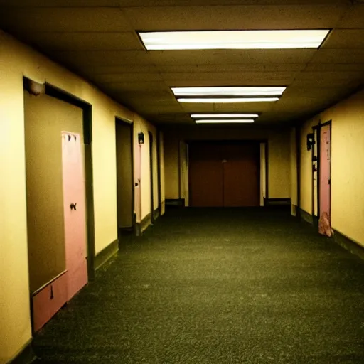 Image similar to flash low quality photograph of the backrooms, mustard - yellow old moldy moist carpet room, empty liminal space, very dark shadows, broken fluorescent lighting, horror movie scene, film grain