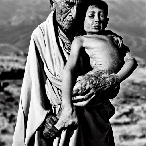 Image similar to award winning cinematic still portrait of 85 year old Mediterranean skinned man, short hair, in ancient Canaanite clothing crying holding a 22 year old Mediterranean skinned man, short hair, in ancient Canaanite clothing. Just before sunrise. Desert mountain background. sad, depressed, lonely, Biblical epic directed by Christopher Nolan