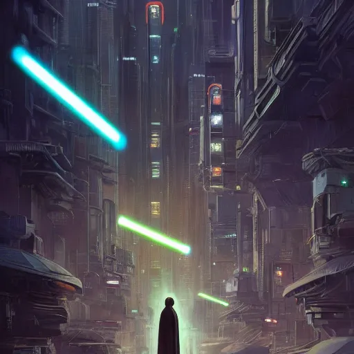 Image similar to Jedi in future japan at night, concept art, fine details, studio ghibli, cinematic lighting, ghost-in-the-shell, cyberpunk,sci-fi, fantasy, intricate, elegant, highly detailed, digital painting, trending on artstation, concept art, smooth, sharp focus, illustration, by james gurney and greg rutkowski