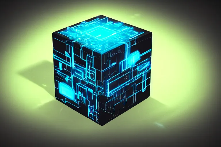 Prompt: single Cyberpunk Intricate black and neon blue cube no background 4K 3D render desktopography HD Wallpaper digital art