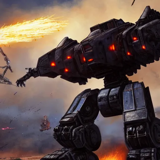 Image similar to an ultra - detailed realistic cinematic shot of a mech fighting it's final battle against a backdrop of explosions on the plains of the american midwest, mechwarrior, hyper realism, highly detailed, art, substance painter realistic mech surface metal painted scratches, 8 k