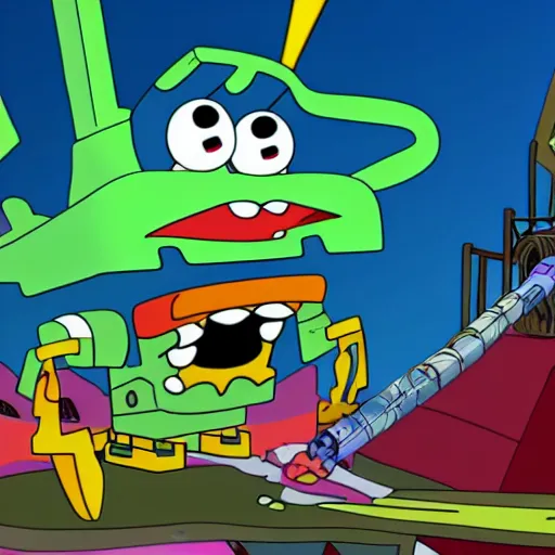 Prompt: plankton piloting a giant robot destroying the krusty krab, spongebob, 4 k,