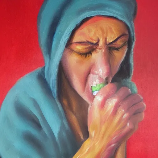 Image similar to Woman in pain after stubbing her toe badly, OUCH, hurting, oil painting, photorealism