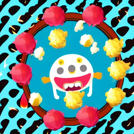 Image similar to kawaii wacky fluffy popcorn with lightning bolt power, yokai, in the style of a manga character, with a smiling face and flames for hair, sitting on a lotus flower, white background, simple, clean composition, symmetrical